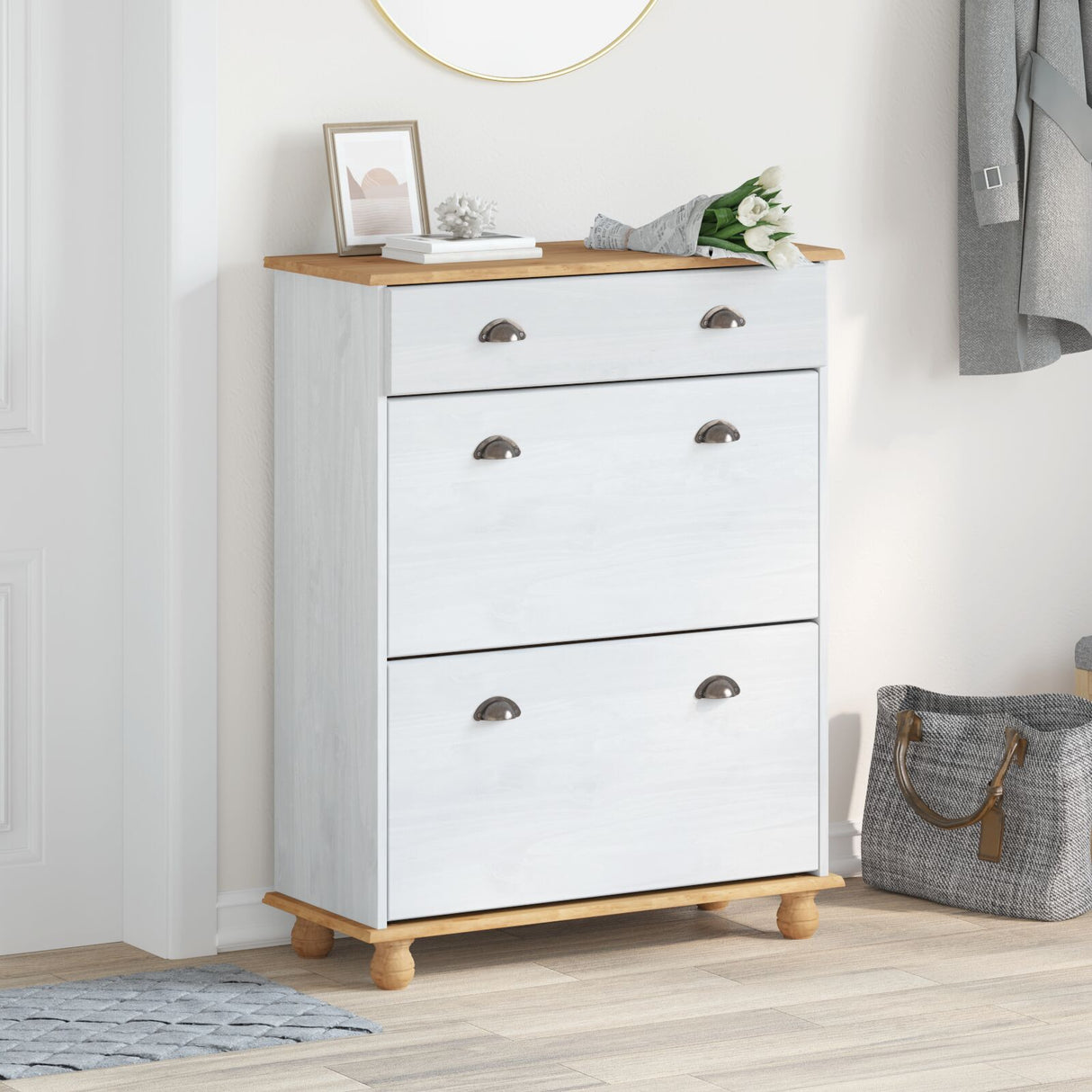 Shoe Cabinet "Askim" 85X35X108 Cm Solid Wood Pine