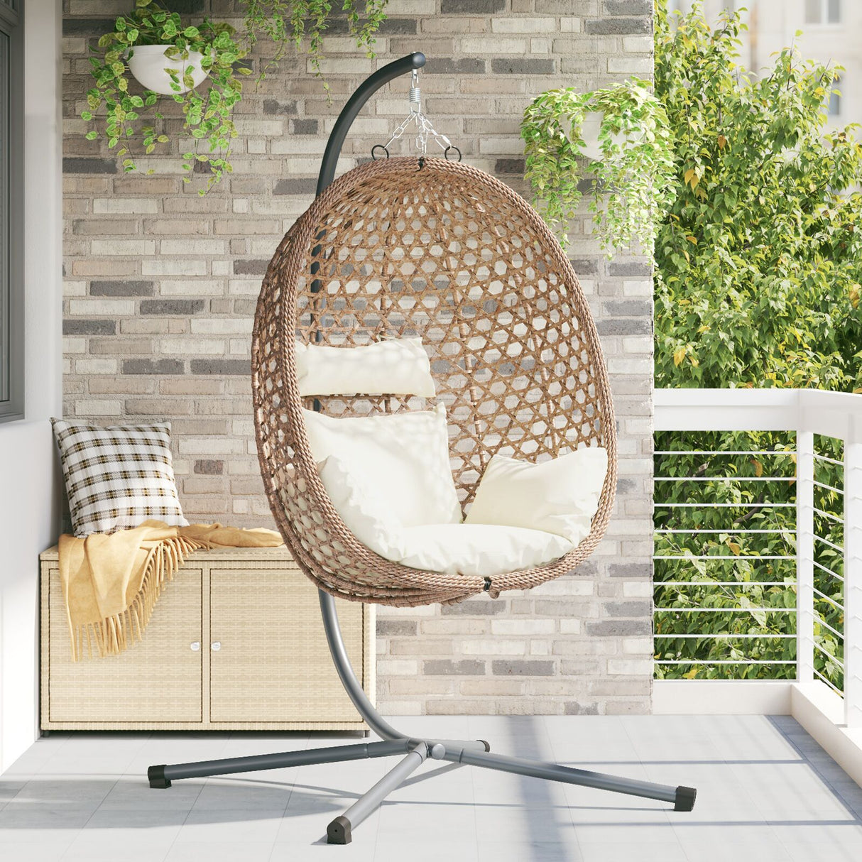 Hanging Egg Chair Basket With Stand Coffee Poly Rattan