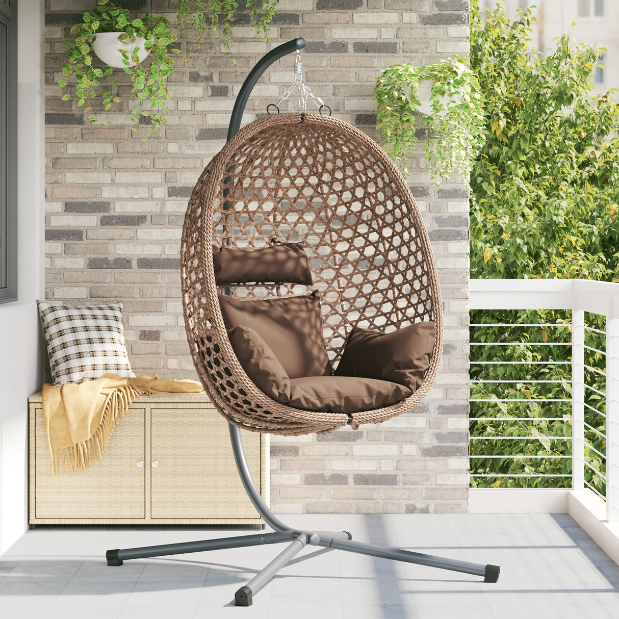 Hanging Egg Chair Basket With Stand Coffee Poly Rattan