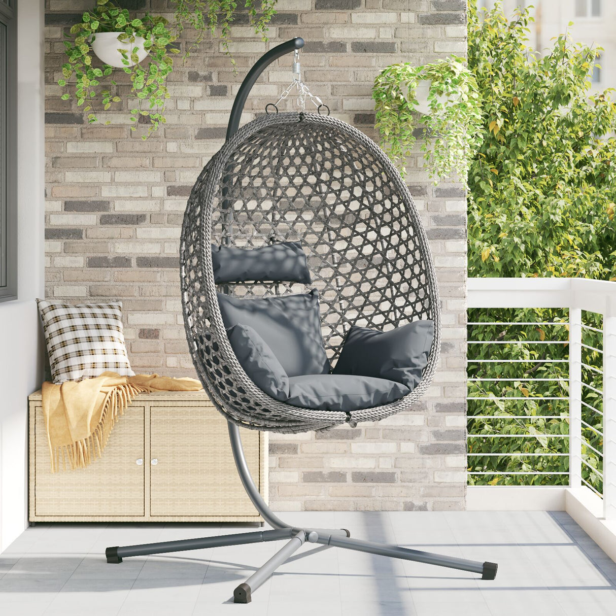Hanging Egg Chair Basket With Stand Coffee Poly Rattan