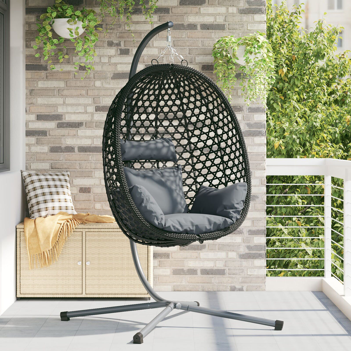 Hanging Egg Chair Basket With Stand Coffee Poly Rattan