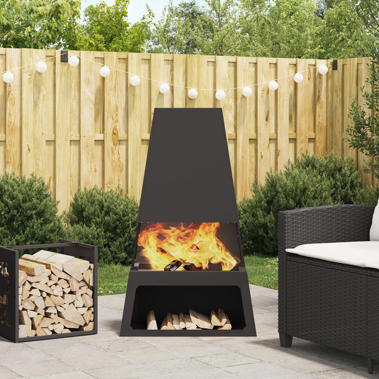 Fire Pit With Log Storage Black 60X35X100 Cm Steel