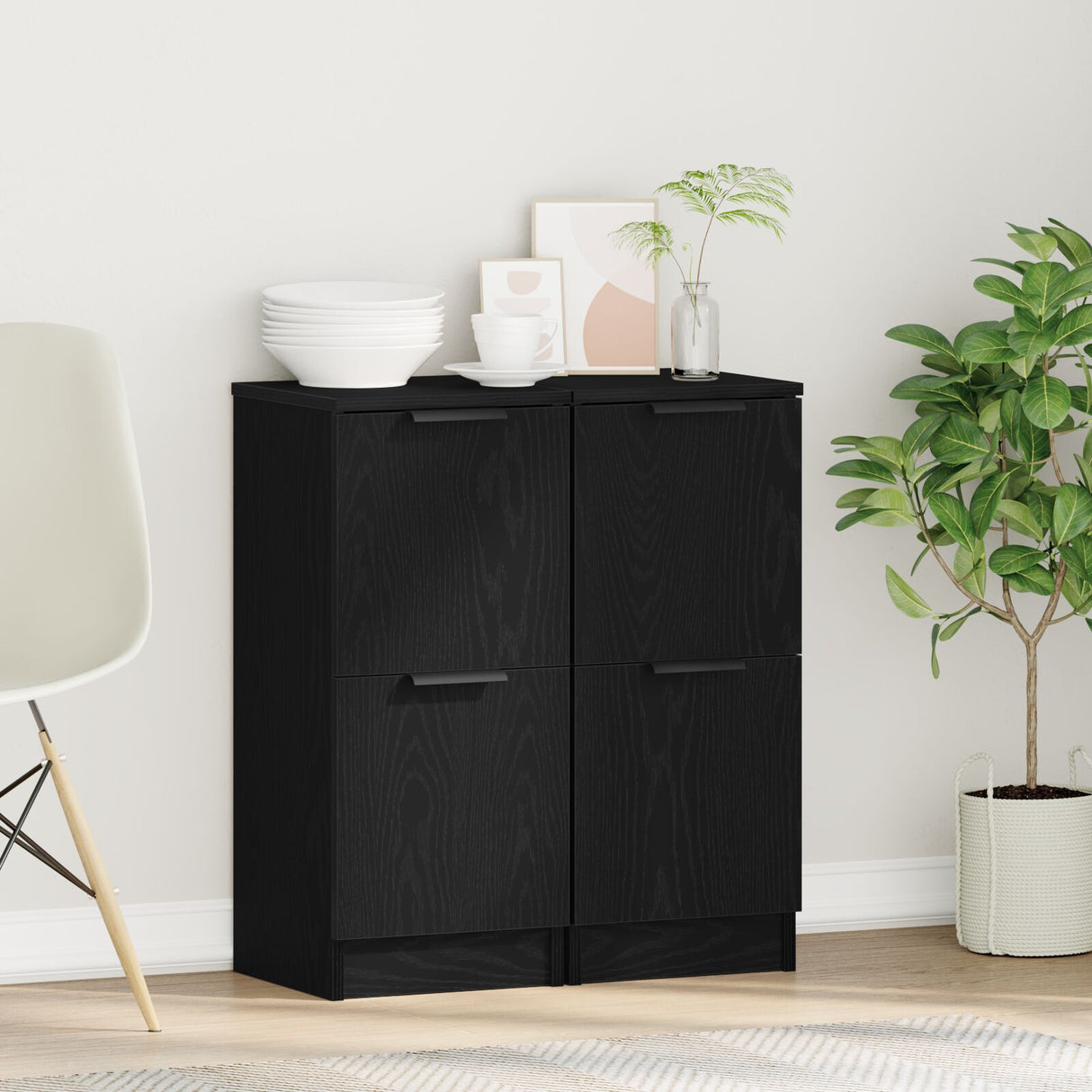 Sideboards 2 Pcs In Black Oak, 30X30X70 Cm, Made Of Engineered Wood