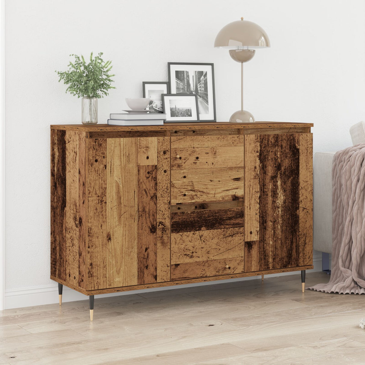 Sideboard With Doors & Drawers Old Wood 101,5X35X70 Cm