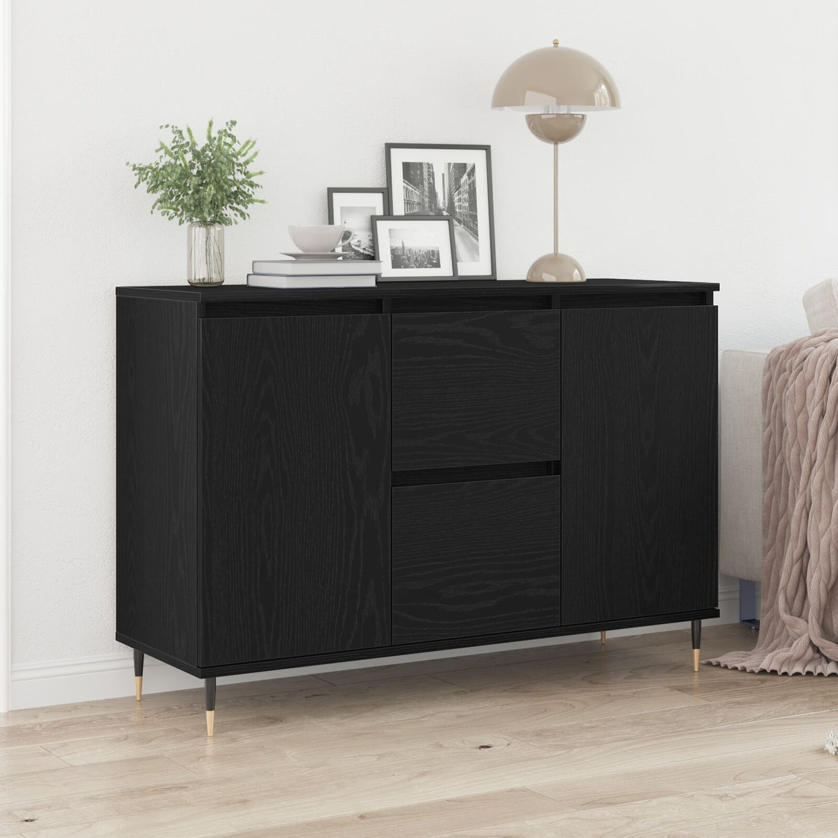Sideboard With Doors & Drawers Black Oak 101,5X35X70 Cm