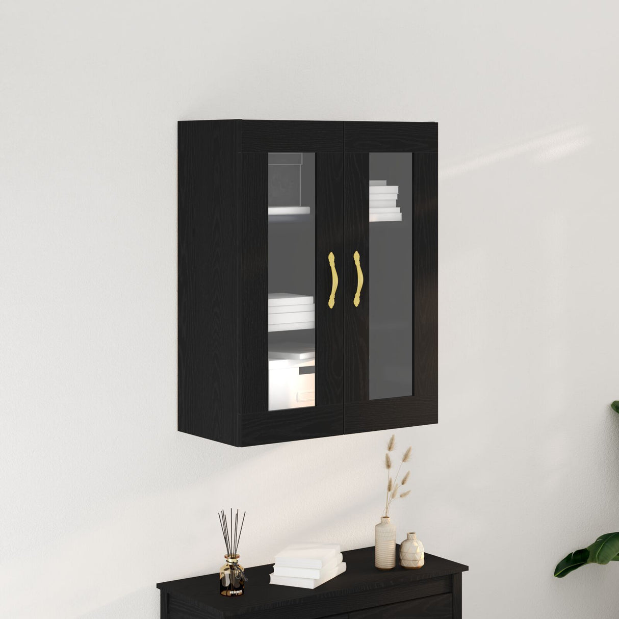 Wall-Mounted Cabinet With Glass Doors Black Oak 69,5X34X90 Cm