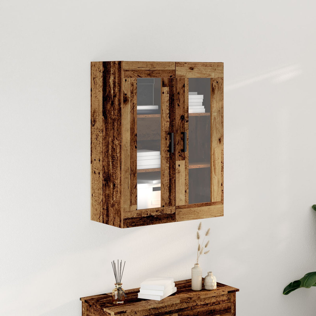 Wall-Mounted Cabinet With Glass Doors - Old Wood - 69.5X34X90 Cm