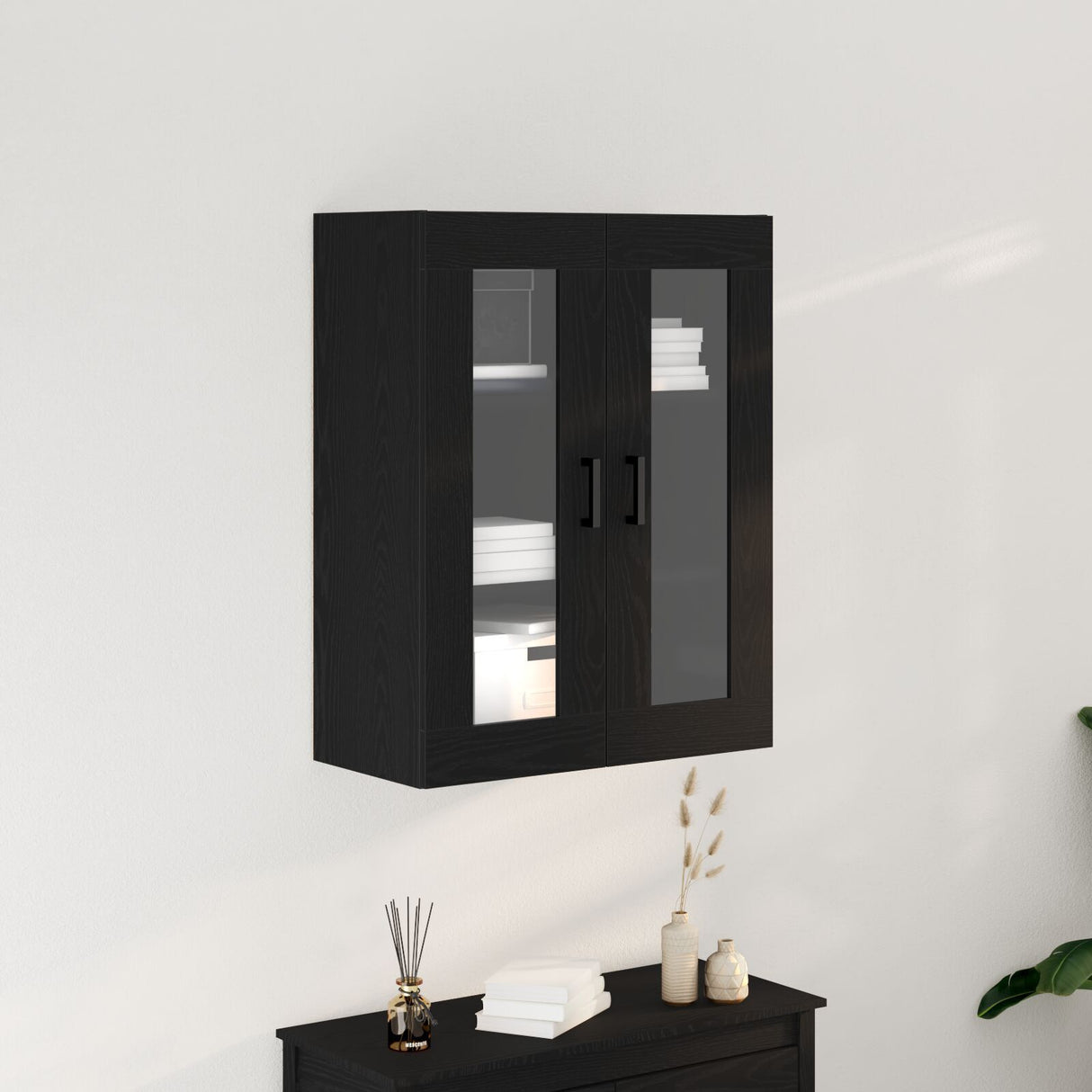Wall-Mounted Cabinet With Glass Doors Black Oak 69.5X34X90 Cm