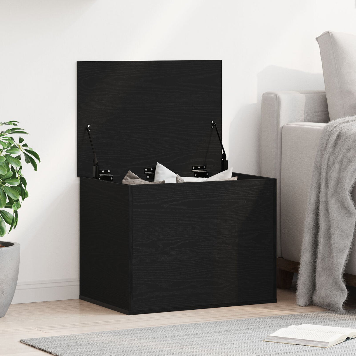 Storage Box With Lid Black Oak 60X42X46 Cm Engineered Wood