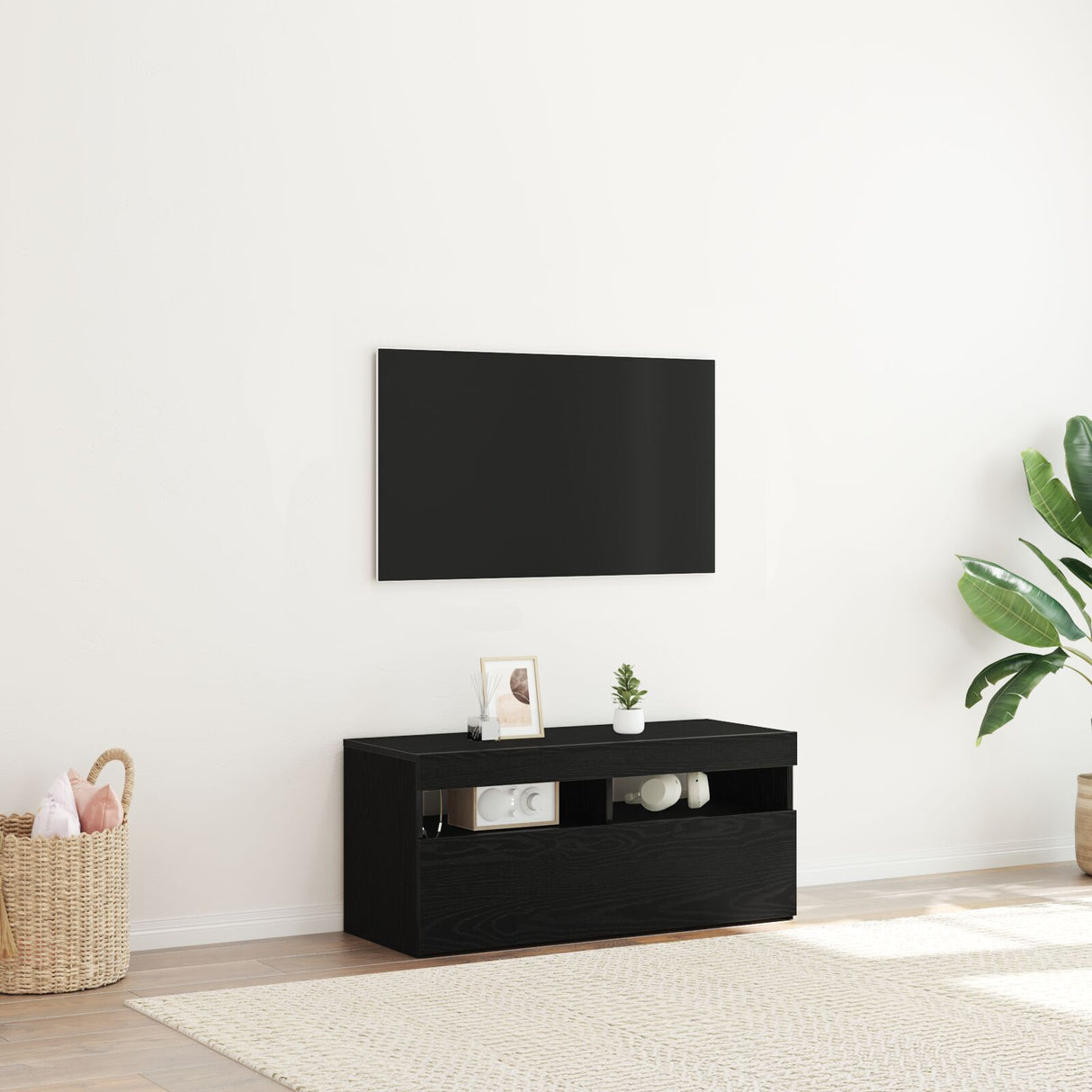 Tv Stand With Led Lights - Black Oak, 90X35X40 Cm, Made Of Engineered Wood
