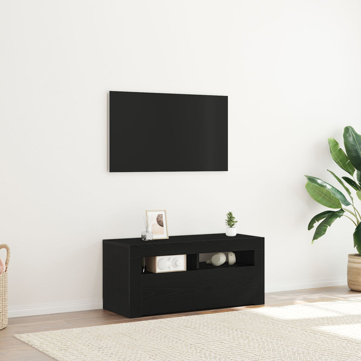 Tv Cabinet With Led Black Oak 90X35X40 Cm Engineered Wood