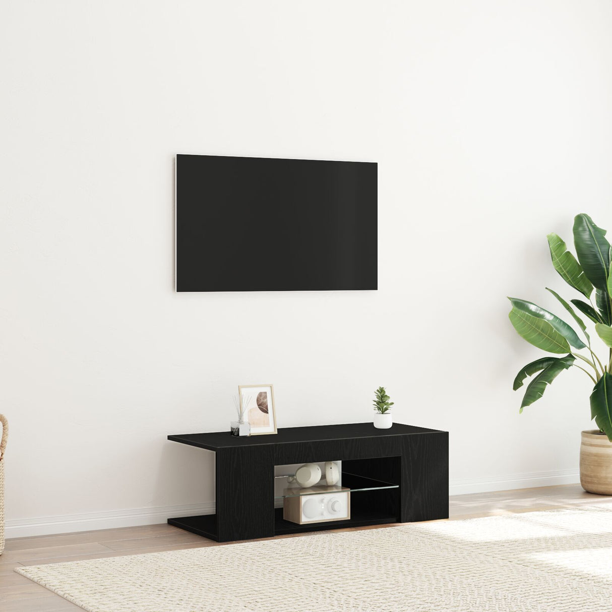 Tv Cabinet With Led Lights In Black Oak - 90 X 39 X 30 Cm - Made From Engineered Wood