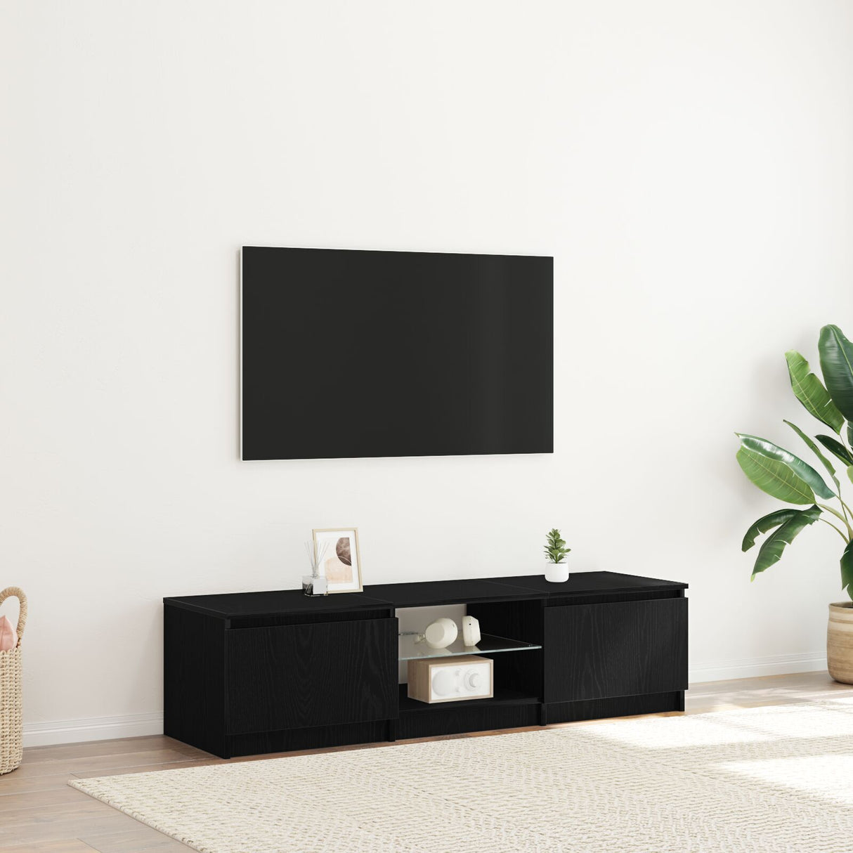 Tv Cabinet With Led Lights - Black Oak, 140X40X35.5 Cm, Made From Engineered Wood