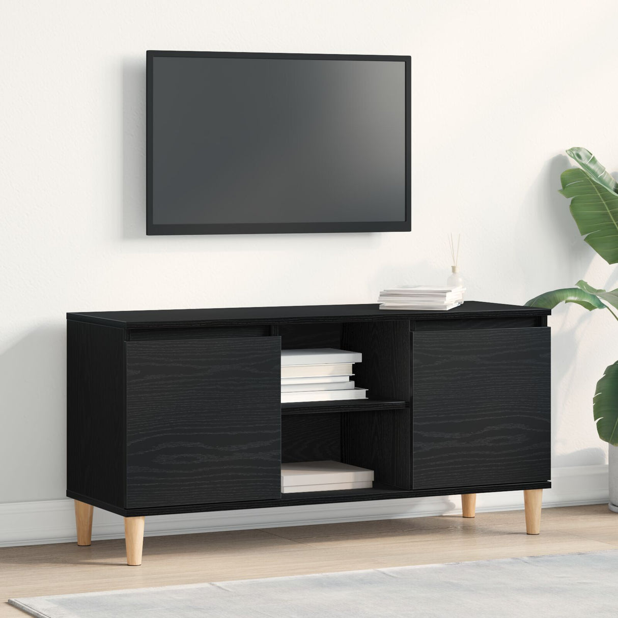 Tv Cabinet With Wooden Leg Black Oak 102X35X50 Cm