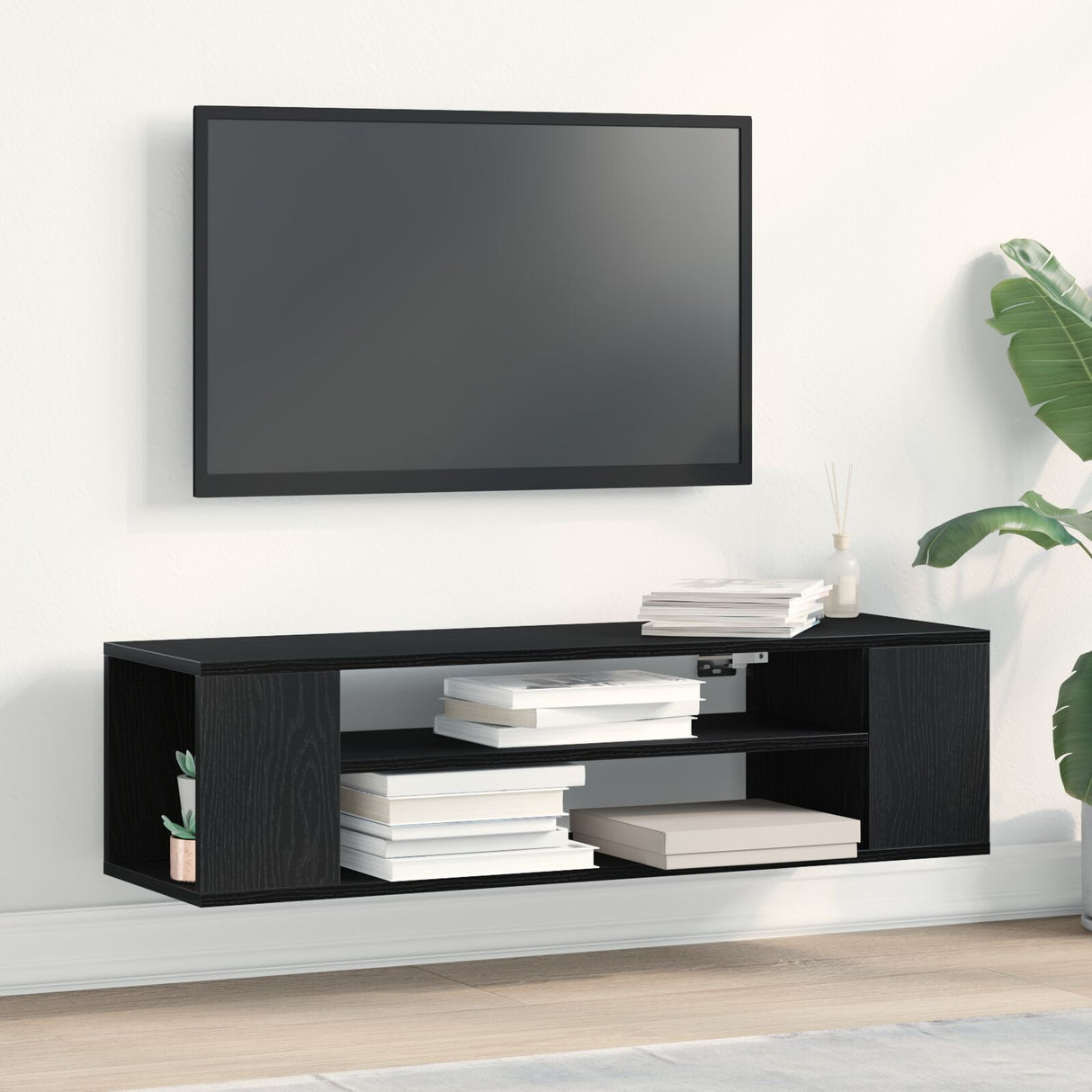 Wall-Mounted Tv Cabinet - Black Oak, 100X30X26.5 Cm, Engineered Wood