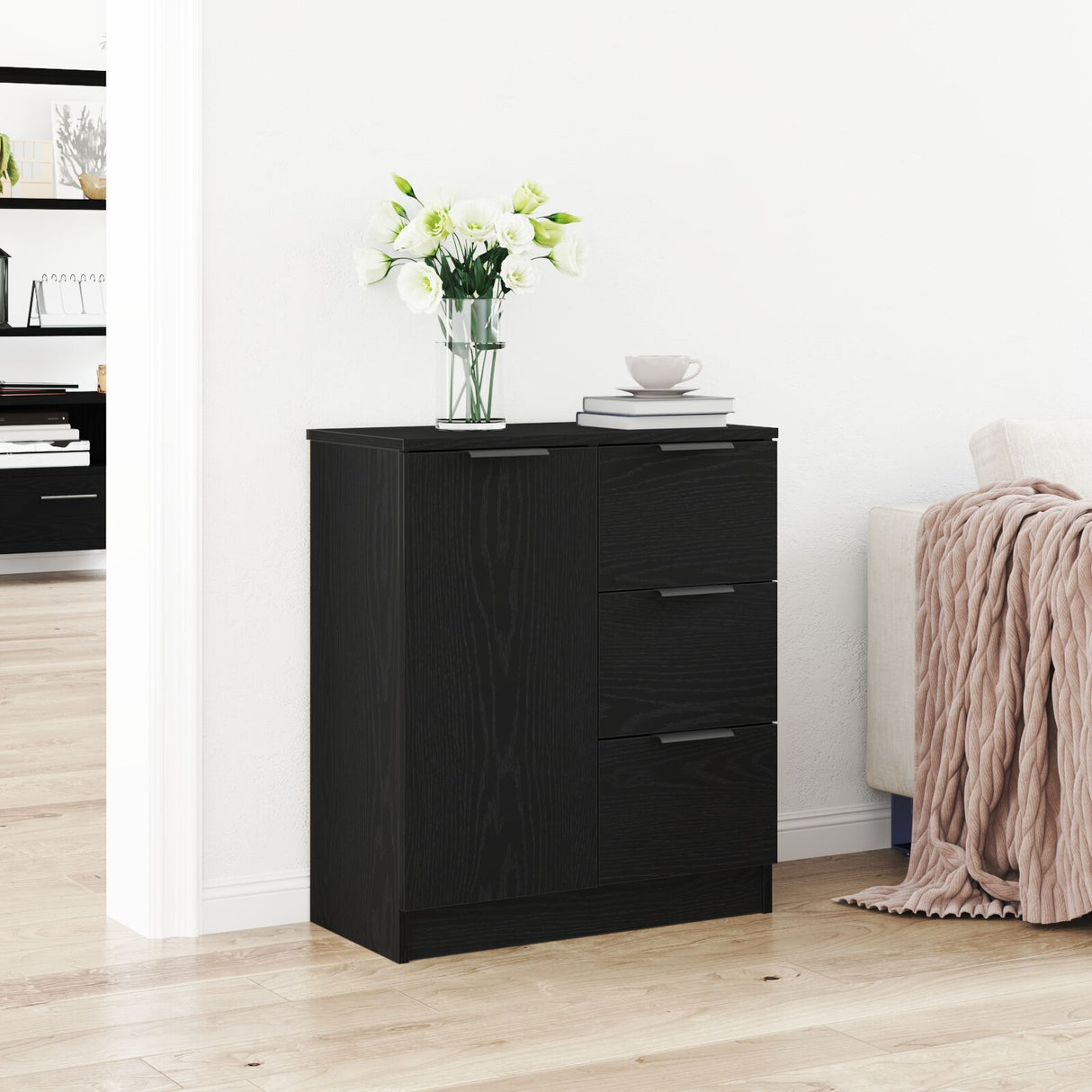 Black Oak Sideboard 60X30X70 Cm Made From Engineered Wood