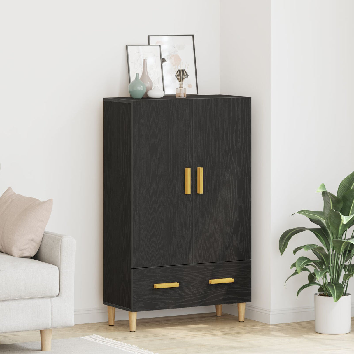 Highboard In Black Oak, 70X31X115 Cm, Made From Engineered Wood