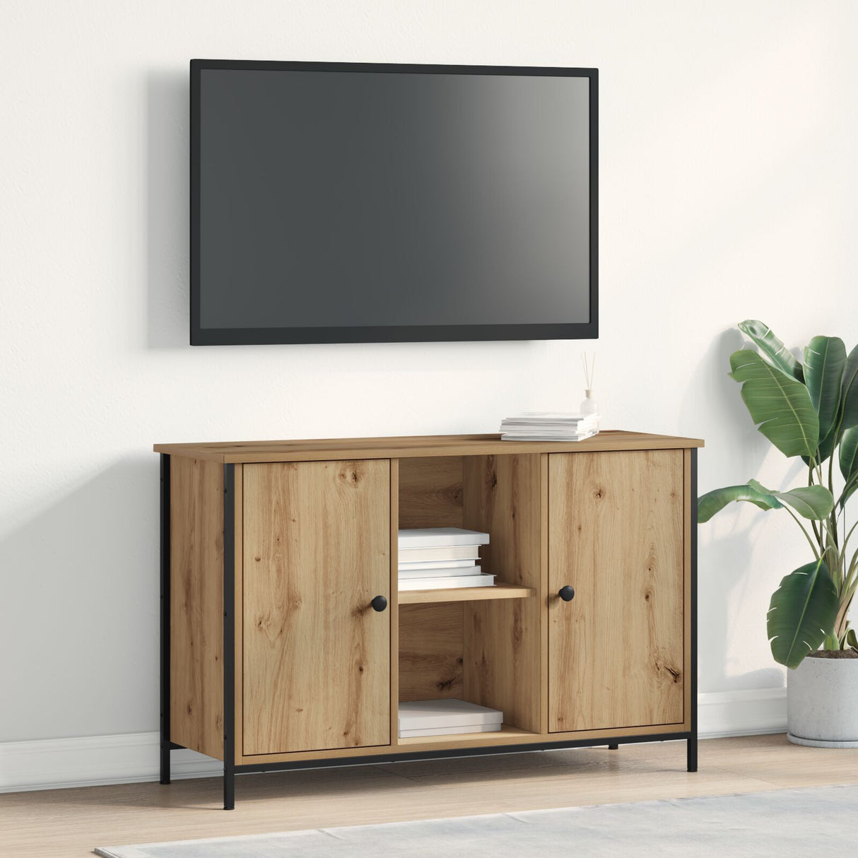 Tv Cabinet Black Oak 101X35X65 Cm Engineered Wood And Steel
