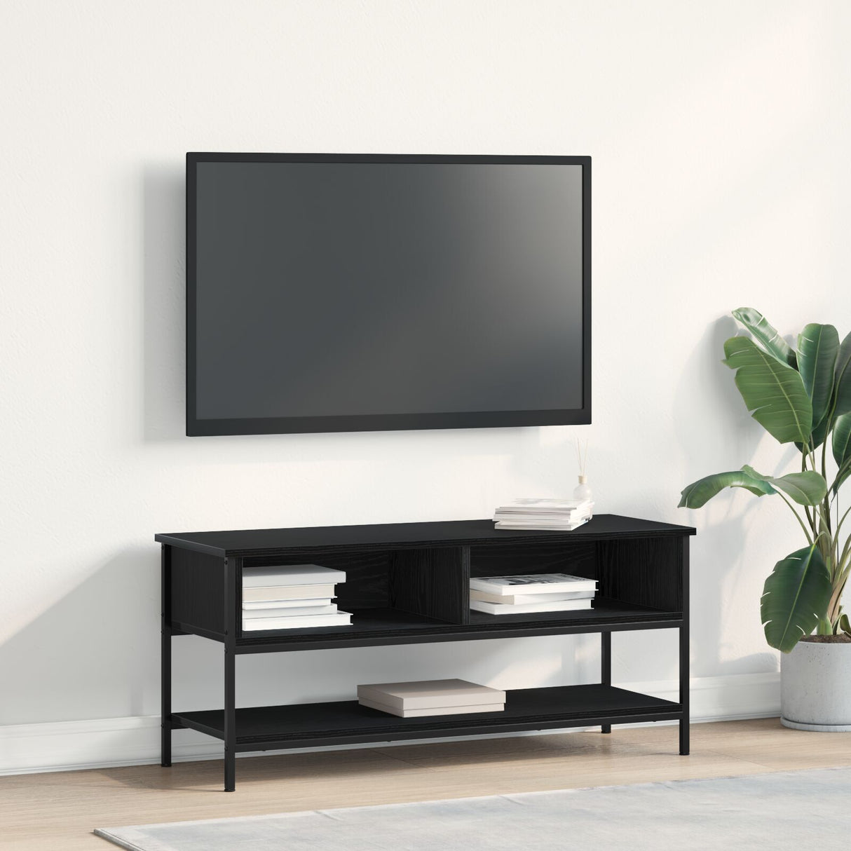 Tv Cabinet Black Oak 100X35X45 Cm Engineered Wood And Steel