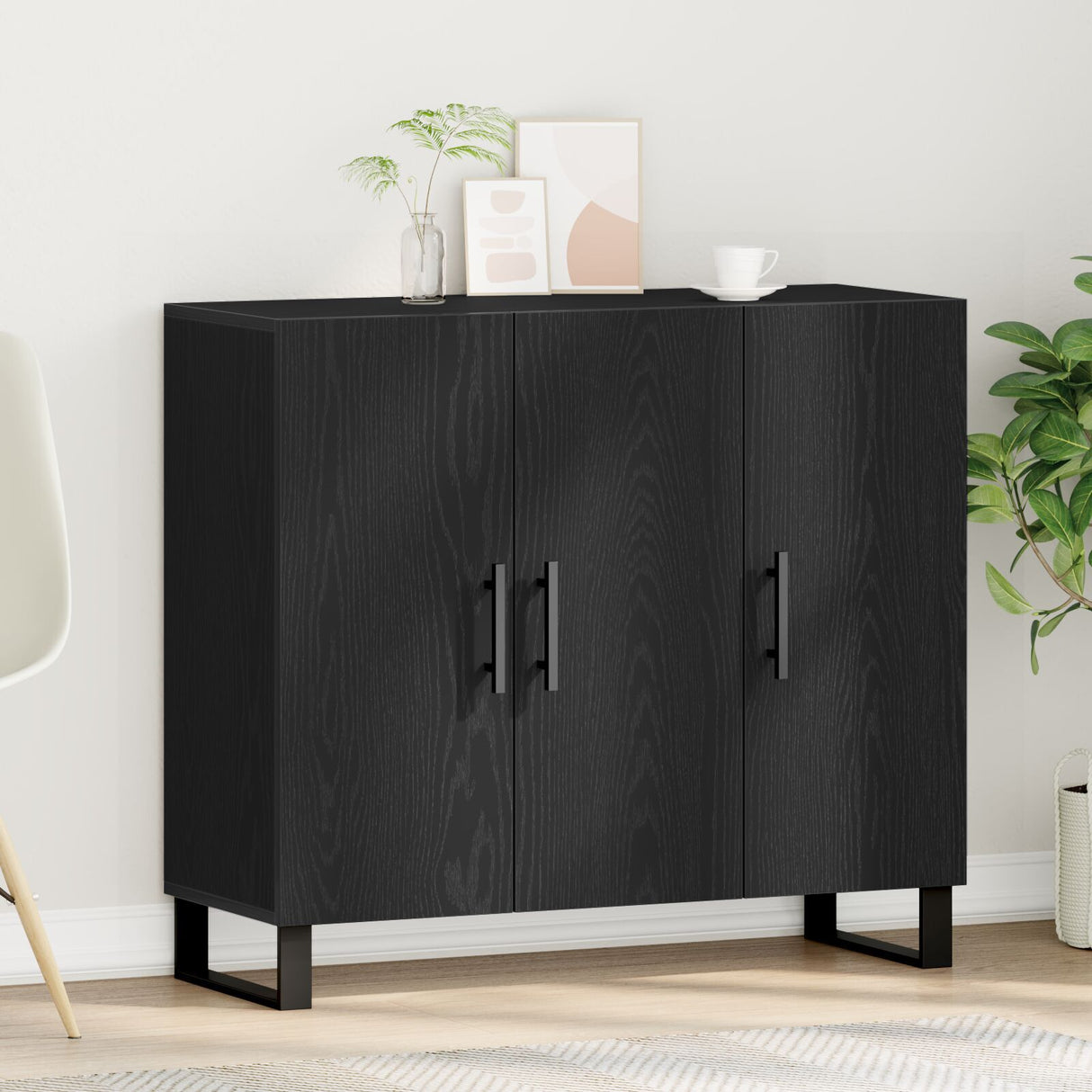 Sideboard With 3 Doors Black Oak 90X34X80 Cm Engineered Wood
