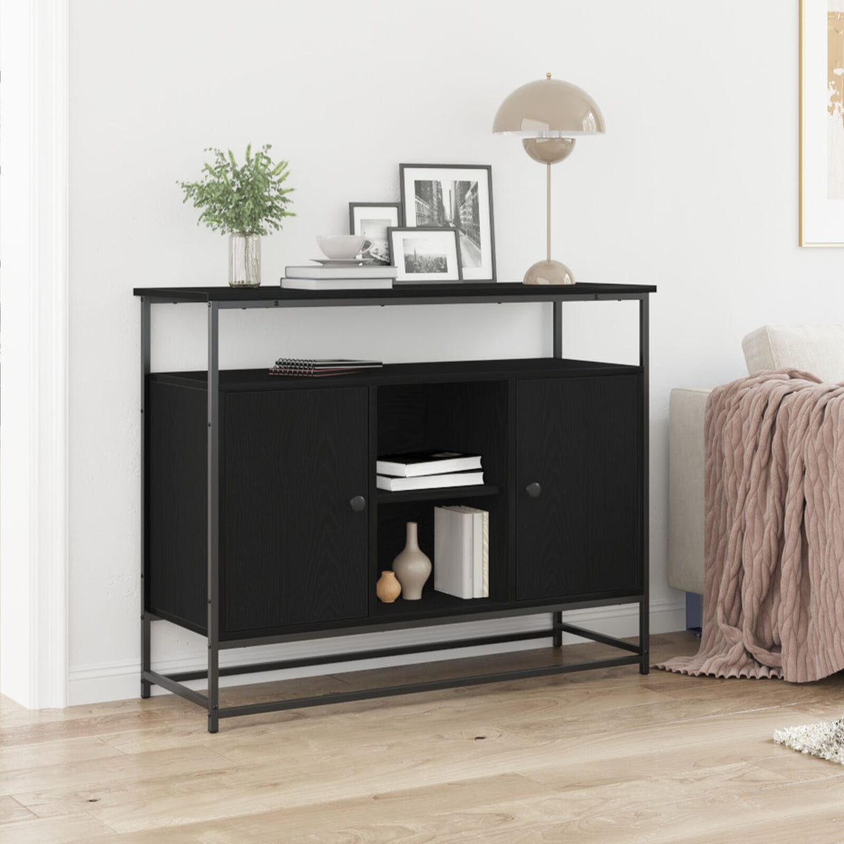 Sideboard Black Oak 100X35X80 Cm Engineered Wood And Steel