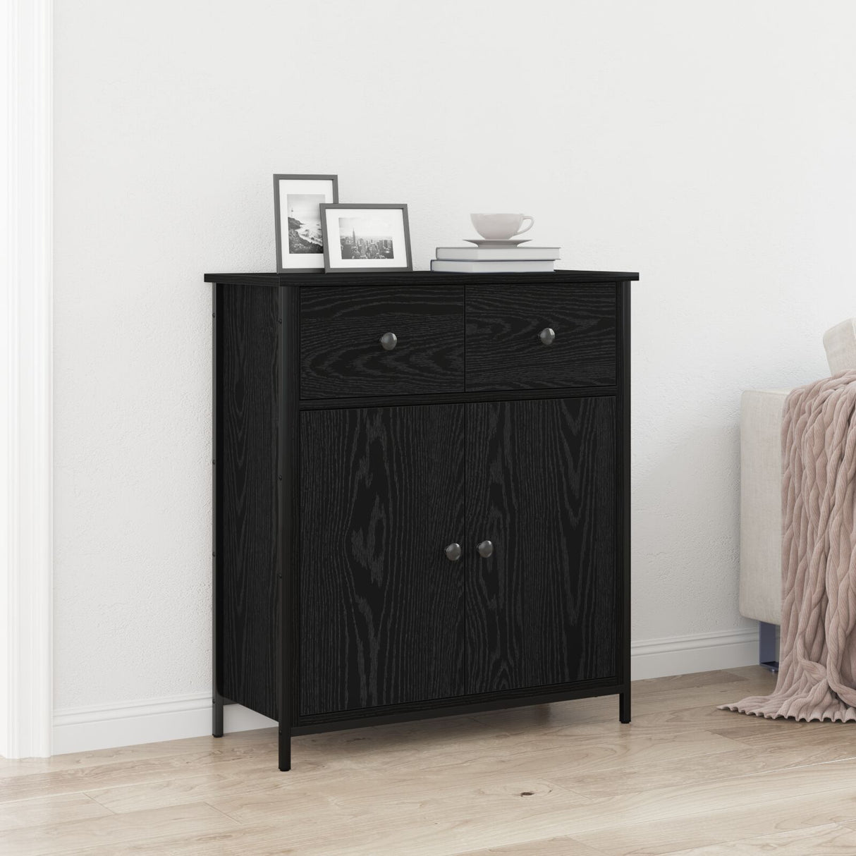 Sideboard Black Oak 70X30X80 Cm Engineered Wood And Steel