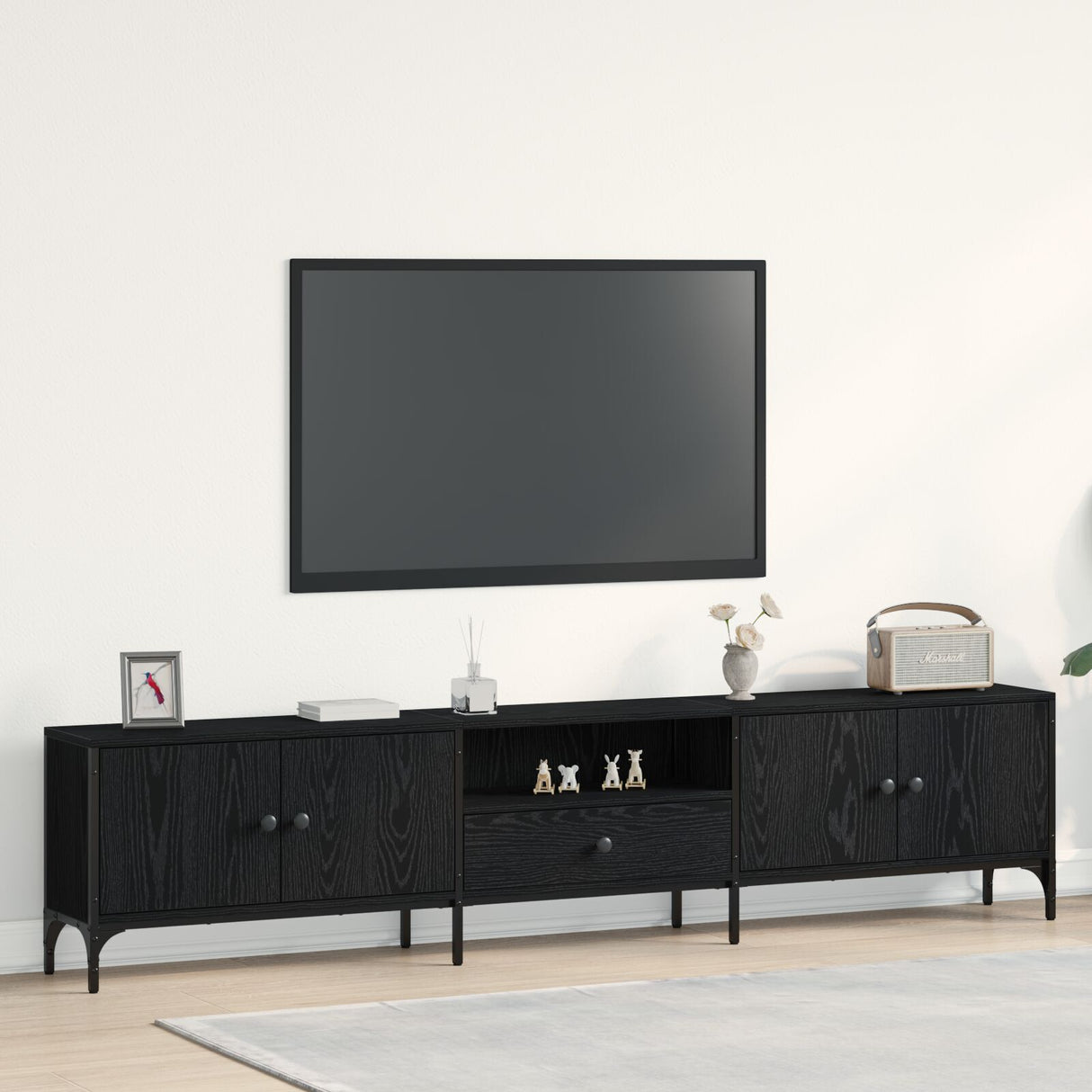 Tv Cabinet With Drawer Black Oak 200X25X44 Cm Engineered Wood