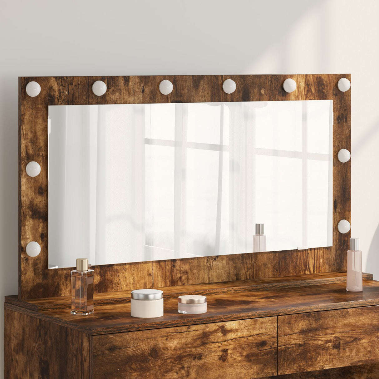 Vanity Mirror Smoked Oak Wood, Glass 100 X 55 X 18 Cm