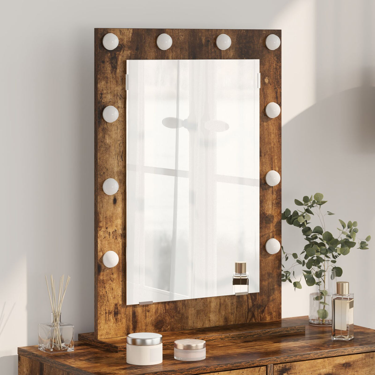 Vanity Mirror Smoked Oak Wood, Glass 70 X 50 X 18 Cm Mirror