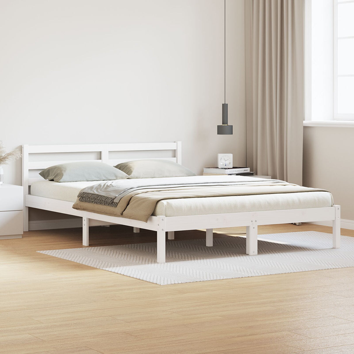 Bed Frame With Headboard White 140X210 Cm Solid Wood Pine
