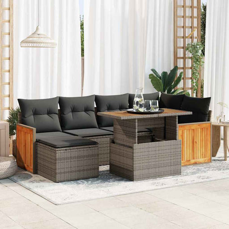 7 Piece Garden Sofa Set with Cushions Black Poly Rattan Acacia