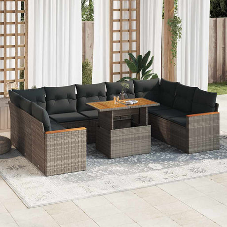 10 Piece Garden Sofa Set with Cushions Black Poly Rattan Acacia