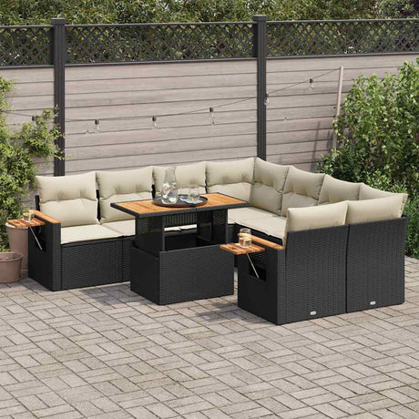 9 Piece Garden Sofa Set with Cushions Beige Poly Rattan Acacia