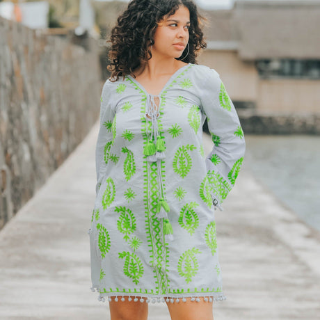 Forest Muse Grey Kaftan Cover-Up Dress with Handmade Green Embroidery - Breathing Soul