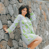 Forest Muse Grey Kaftan Cover-Up Dress with Handmade Green Embroidery - Breathing Soul