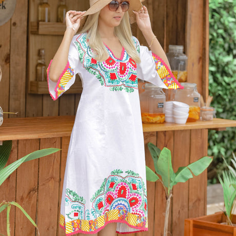 Serenity Seeker White Floral Kaftan: Embrace Tranquility in Effortless Style - Breathing Soul