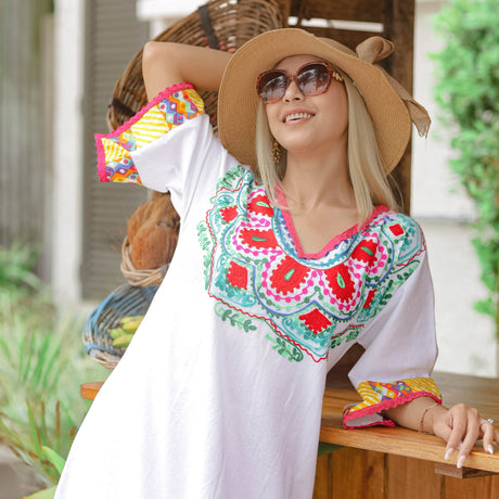 Serenity Seeker White Floral Kaftan: Embrace Tranquility in Effortless Style - Breathing Soul