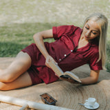 Indulge in Luxury: Dark Claret Silk Satin Pyjama Set - Breathing Soul