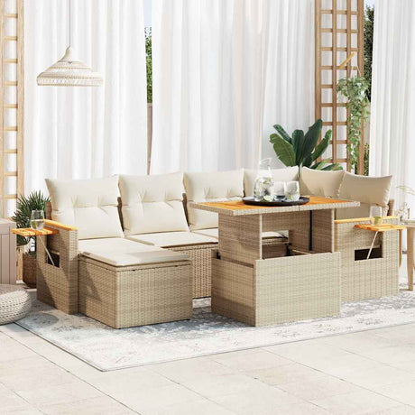 7 Piece Garden Sofa Set with Cushions Black Poly Rattan Acacia
