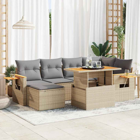 7 Piece Garden Sofa Set with Cushions Black Poly Rattan Acacia