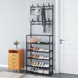 Metal Coat Rack with Shoe Storage - 8 Hooks, 5-Tier Shelf, Modern Hallway Organizer