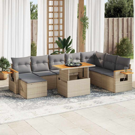 9 Piece Garden Sofa Set with Cushions Black Poly Rattan Acacia