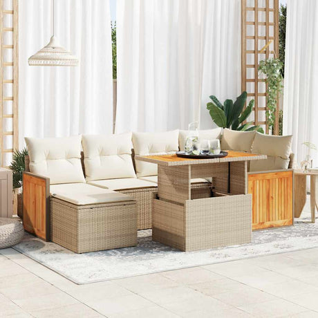 7 Piece Garden Sofa Set with Cushions Black Poly Rattan Acacia