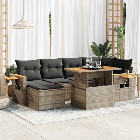 7 Piece Garden Sofa Set with Cushions Black Poly Rattan Acacia