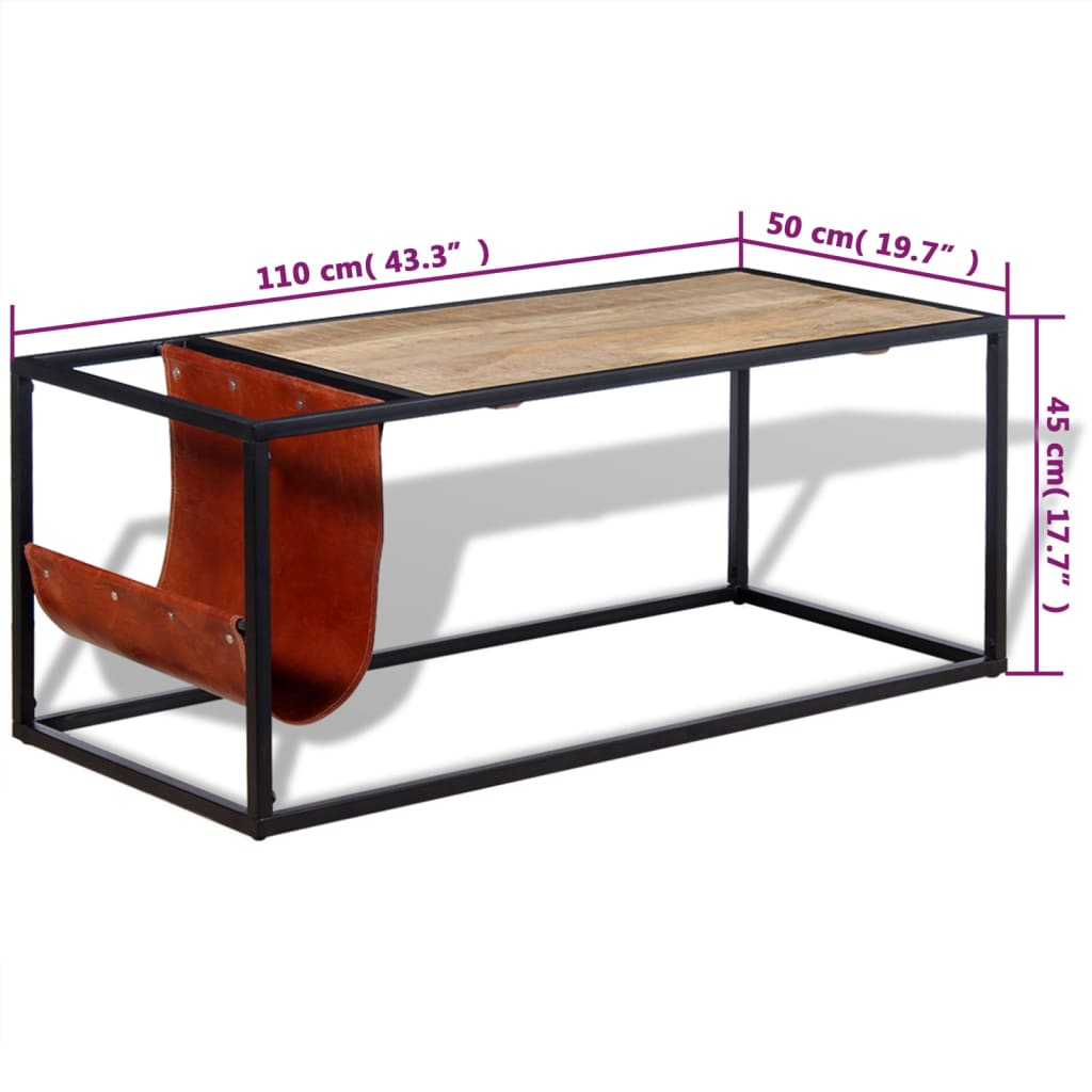 Coffee Table With Genuine Leather Magazine Holder 110X50X45 Cm