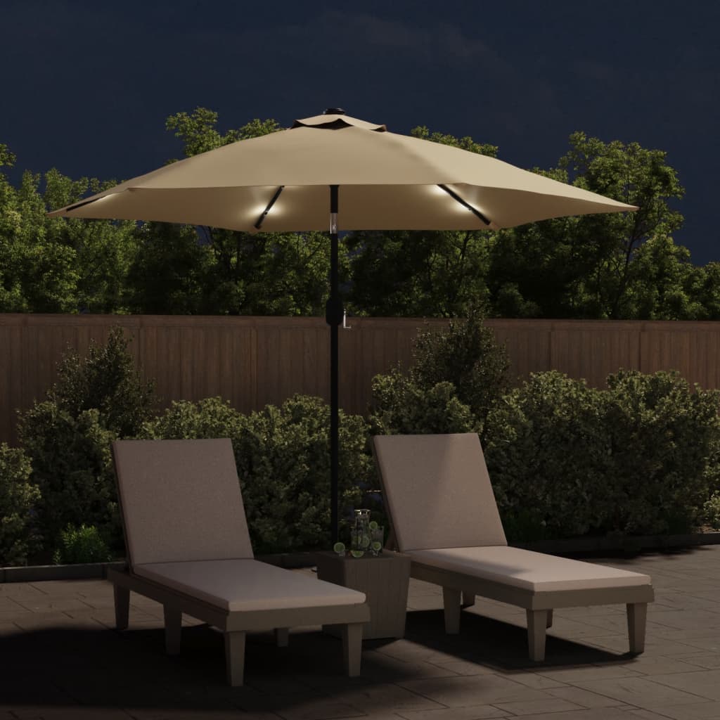 Garden Parasol with LED Lights and Steel Pole 300 cm Taupe