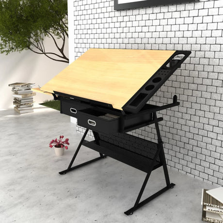Two Drawers Tiltable Tabletop Drawing Table With Stool