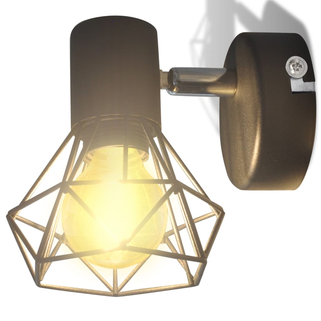 2 Black Industrial Style Wire Frame Wall Sconce With Led Filament Bulb