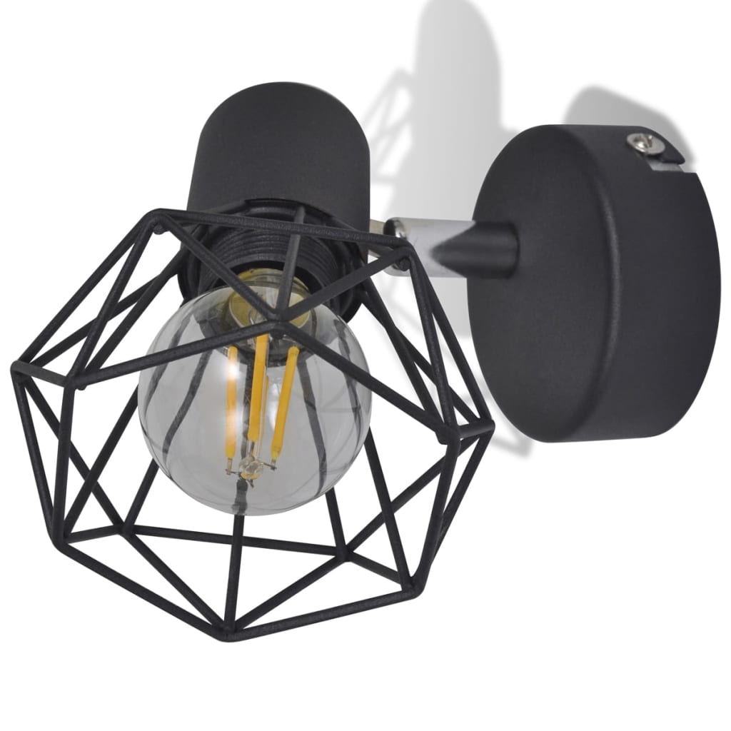 2 Black Industrial Style Wire Frame Wall Sconce With Led Filament Bulb