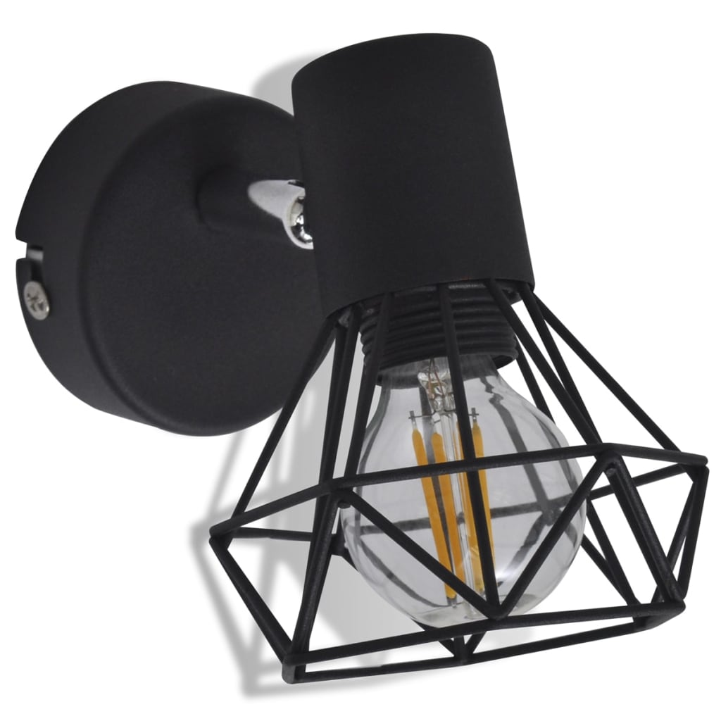 2 Black Industrial Style Wire Frame Wall Sconce With Led Filament Bulb